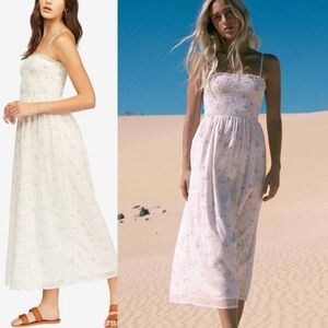 Billabong Baja Breeze White Floral Ruched Lined Midi Dress